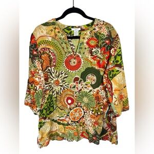 Gabriella Rossi Boho Tunic Top Size 1X Beaded Colorful Resort 100% Cotton
